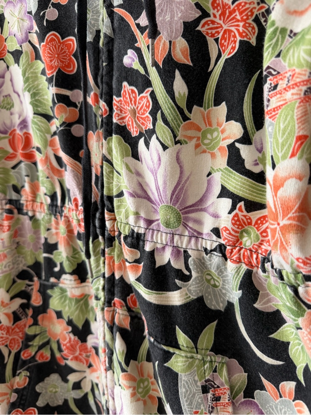 Lucky Brand Black Floral Zip Hoodie with Coral and Green Accents M - Picture 4 of 11